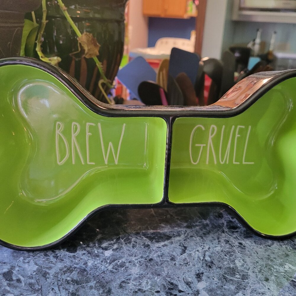 Rae Dunn Brew & Gruel Pet Bowl Ceramic Halloween 10" Dog Bone Black & Green NEW
